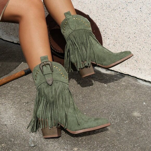 Shoes - Green Vintage Women's Fringe Decor Rivet Wedge Slip-On Ankle Boots
